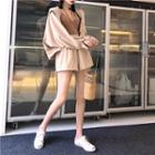 Plain Loose-fit Hooded Jacket / High-waist Shorts