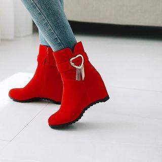 Faux Suede Fringed Heart Hidden Wedge Short Boots