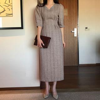 V-neck Puff-sleeve Herringbone Midi Dress