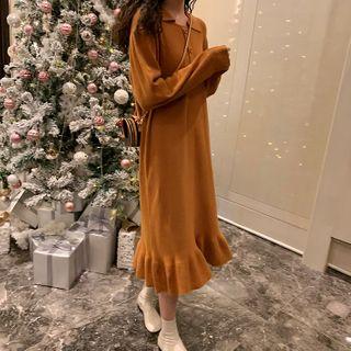 Polo-neck Ruffle Hem Midi Sweater Dress