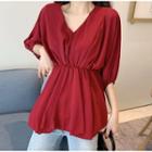 Elbow-sleeve Gathered Waist Top Red - One Size