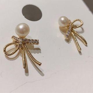Faux Pearl Rhinestone Bow Earring As Shown In Figure - One Size