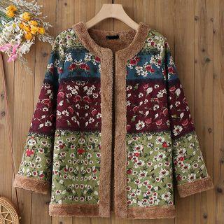 Fluffy Trim Color Block Floral Jacket