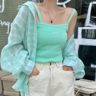 Plaid Shirt / Spaghetti Strap Knit Top