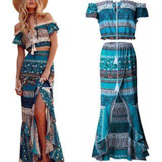 Set: Cold Shoulder Short-sleeve Top + Maxi Skirt