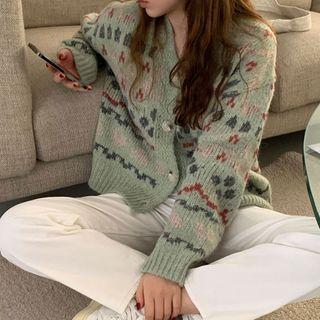 Cropped Pattern Cardigan Green - One Size