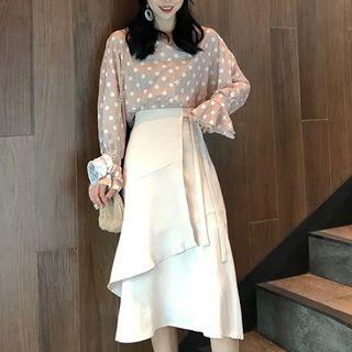 Long-sleeve Dotted Chiffon Top / Midi A-line Skirt