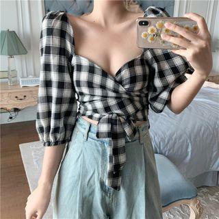 3/4-sleeve Plaid Cropped Top Gingham - Black & White - One Size
