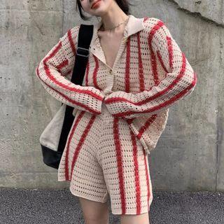 Striped Pointelle Knit Collared Cardigan / Shorts / Undershorts