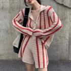 Striped Pointelle Knit Collared Cardigan / Shorts / Undershorts