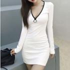 Long-sleeve V-neck Mini Knit Bodycon Dress