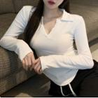 Long-sleeve Open-collar Fitted Top