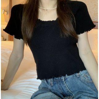 Short-sleeve Plain Ruffle Trim Cropped Knit Top