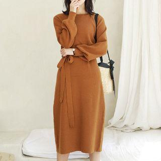 Round-neck Plain Knit Dress With Tie