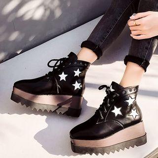 Square Toe Platform Star Print Lace-up Short Boots
