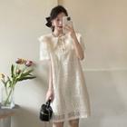 Short-sleeve Collared A-line Lace Dress Almond - One Size