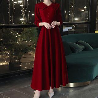 3/4-sleeve Collar Velvet A-line Evening Gown (various Designs)