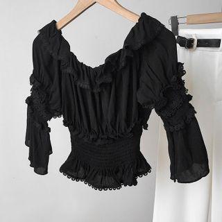 Long-sleeve Lace Panel Ruffle Trim Blouse Black - One Size
