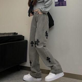 Cross Embroidered Straight Leg Jeans