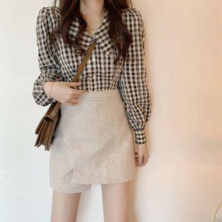 Set: Puff-sleeve Plaid Shirt + Mini Skirt
