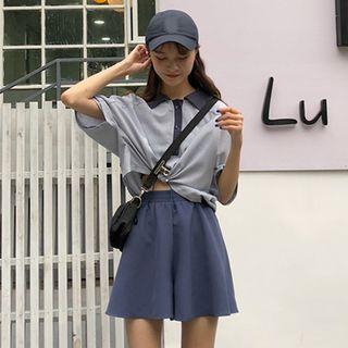 Set: Elbow-sleeve Polo Shirt + Wide-leg Shorts