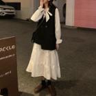 Double Breasted Vest / Long-sleeve Midi Dress / Set