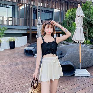 Set: Spaghetti Strap Drawstring Swim Top + Skirt Black - M