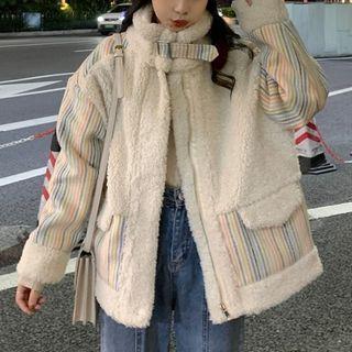 Striped Panel Faux Shearling Jacket
