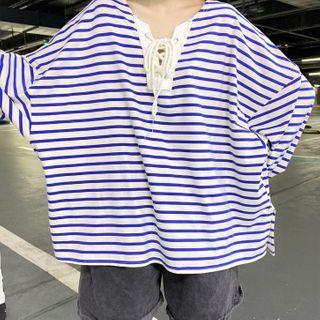 Loose Fit Lace Up Long-sleeve Striped T-shirt