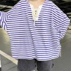 Loose Fit Lace Up Long-sleeve Striped T-shirt