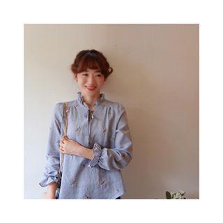 Tie-neck Floral Embroidered Blouse