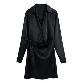 Long-sleeve Open-collar Tie-waist Mini Dress