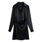 Long-sleeve Open-collar Tie-waist Mini Dress