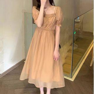 Short-sleeve Off-shoulder Mesh A-line Dress