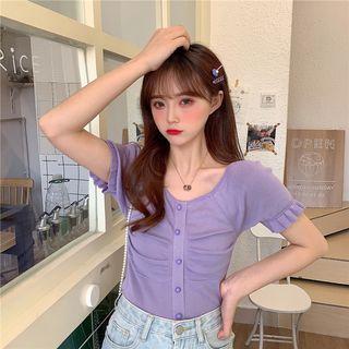 Ruched Ruffled Short-sleeve Knit Top