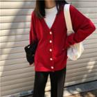 V-neck Knit Cardigan Red - One Size