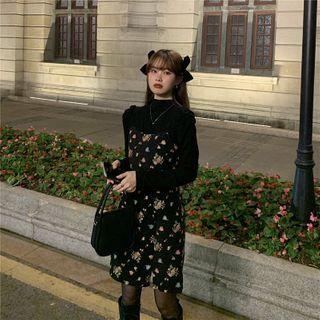 Long-sleeve Mock-neck Top / Spaghetti Strap Floral Print Mini Dress