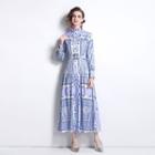Belted Stand Collar Print Midi A-line Shirtdress