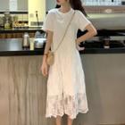 Set: Short Sleeve Plain T-shirt Dress + Spaghetti-strap Lace Dress