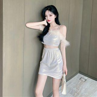 Set: Fluffy Trim Camisole Top + A-line Skirt
