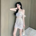 Set: Fluffy Trim Camisole Top + A-line Skirt