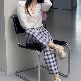 Cropped Rhinestone Cardigan / Plaid Wide Leg Pants