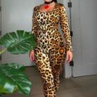 Long-sleeve Leopard Print Fitted Jumpsuit