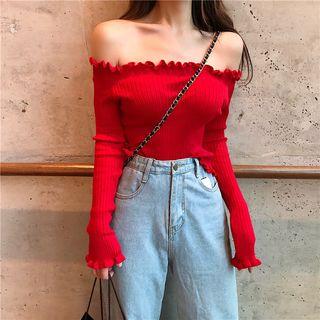 Ruffle Trim Long Sleeve Off-shoulder Top