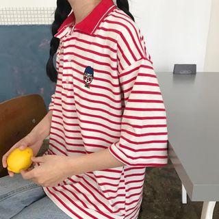 Elbow-sleeve Embroidery Stripe Polo Shirt