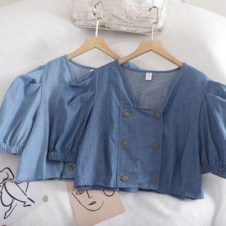 Puff-sleeve Square-neck Denim Top