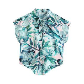 Cap-sleeve Leaf Print Shirt