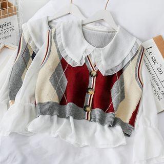 Set: Ruffled Chiffon Blouse + Argyle Knit Vest