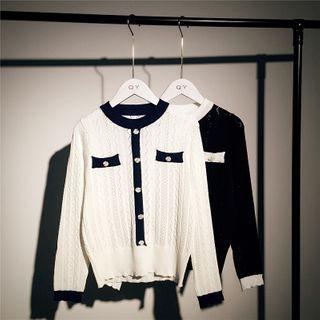 Round-neck Color-block Cut-out Crop Knitted Long-sleeve Top