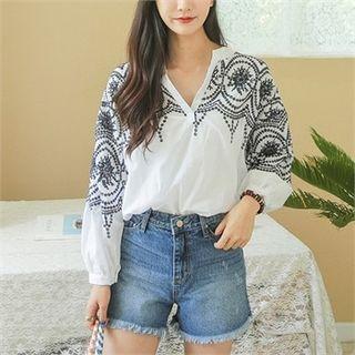 Open-placket Flower-embroidered Blouse